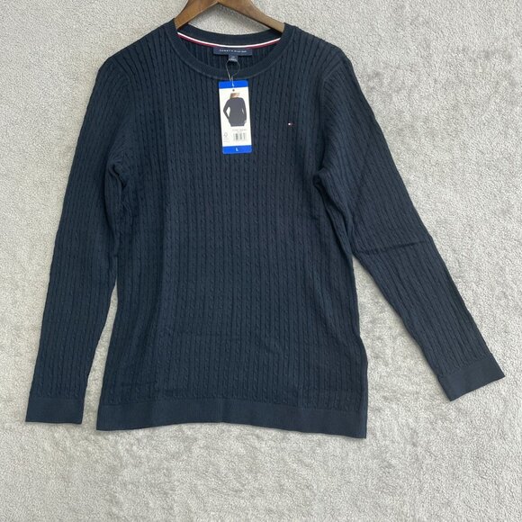 NEW Tommy Hilfiger Women's L Navy Cable Knit Sweater Crewneck Pullover - Picture 2 of 8